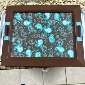 Brown & Teal Glass & Wood Tray Metal Handles